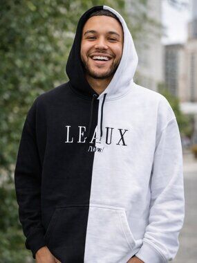 LEAUX Split Hoodie Black White Half Zip Streetwear Pullover Mens Size L Like New